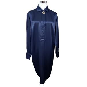 VINTAGE NOS Satin Midnight Blue Dress 8 Fancy Gold Tone Buttons Power Event Work